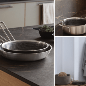 Eva Trio Mosaic Slip-let Stegepander 24/28 cm, Sauterpande 24 cm & Georg Jensen Damask køkkentekstiler