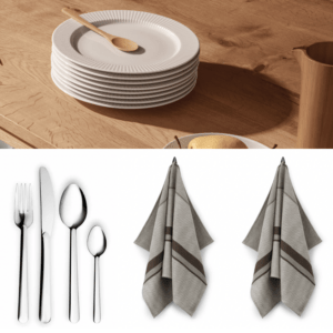 Eva Solo Legio Nova 8 stk. Tallerkener, bestik 16 dele & Georg Jensen Damask viskestykker