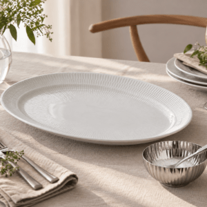 Royal Copenhagen Hvid Riflet ovalt fad & Georg Jensen Bernadotte saltkar