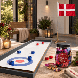 Shuffleboard 2-i-1, flagstang & Anthon Berg chokolade