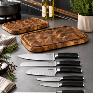 byGaard Damascus Knivsæt 6 dele & Noble Denmark Skærebræt 2 stk.